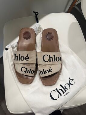 Chloé Beige Logo Canvas Slide Sandals with Brown Leather Footbed